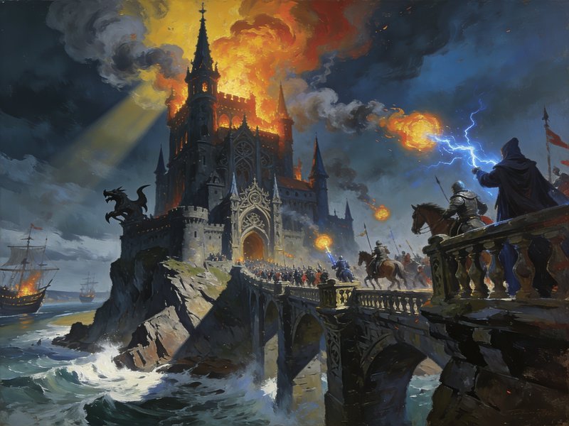 Epic fantasy siege scene of a burning gothic cliffside castle, wizard casting lightning magic as ...