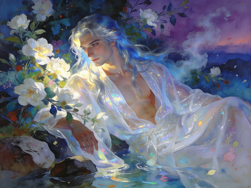 Ethereal silver-blue haired elven fantasy man reclines in glowing waters beside blooming white ro...