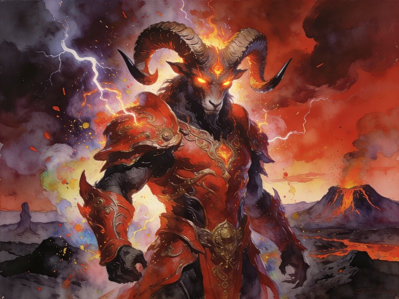 Horned ram infernal warrior in ornate red armor stands amid lightning and erupting volcanic lands...