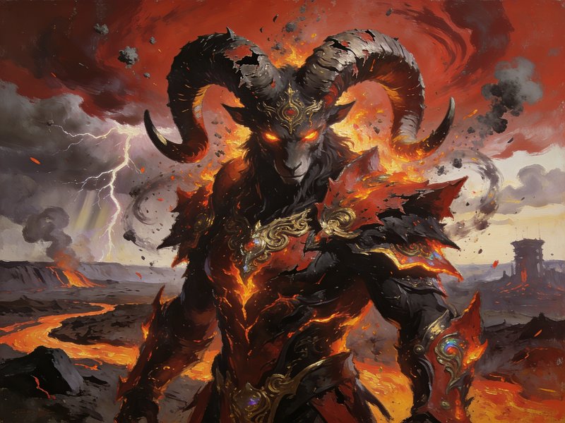 Horned demonic ram warrior wreathed in flame stands in a lava hellscape under a stormy red sky