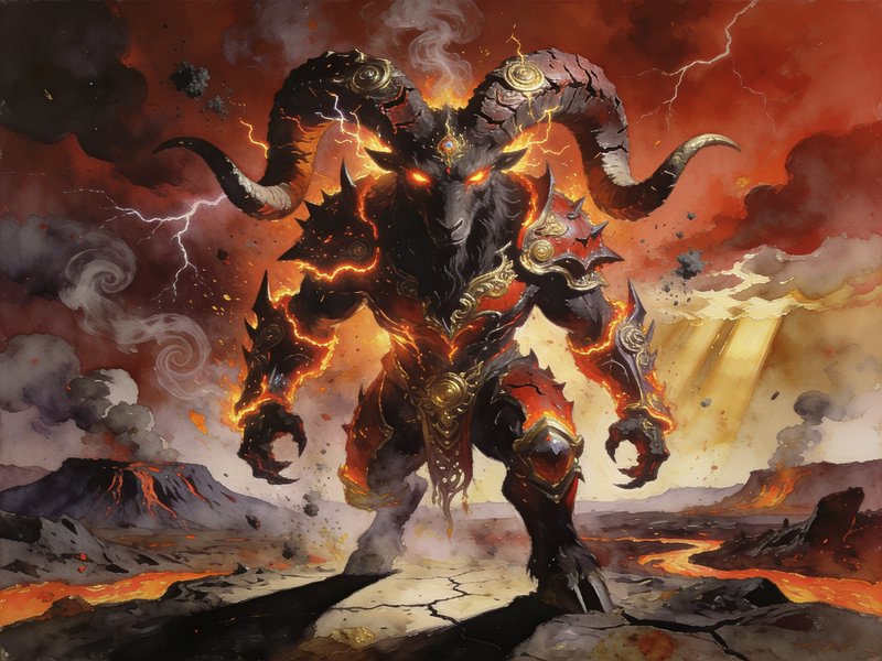 Towering armored horned ram demon wreathed in flame and lightning stands in a volcanic hellscape