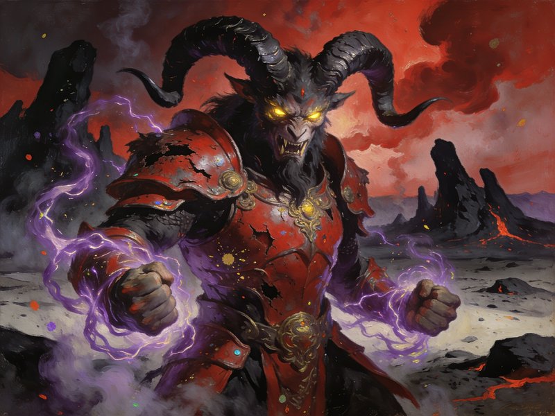 Horned goat-like demon in scarred red armor channels purple lightning on a volcanic hell plain