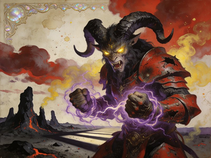 Horned armored demon with glowing yellow eyes channels purple lightning above a volcanic hellscape