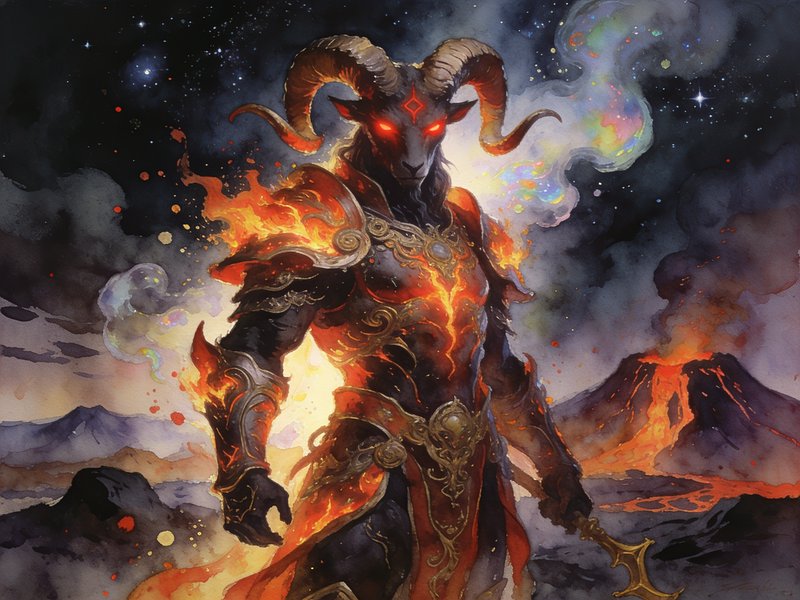 Ram-headed fire demon in flaming ornate armor stands before an erupting starry volcanic landscape