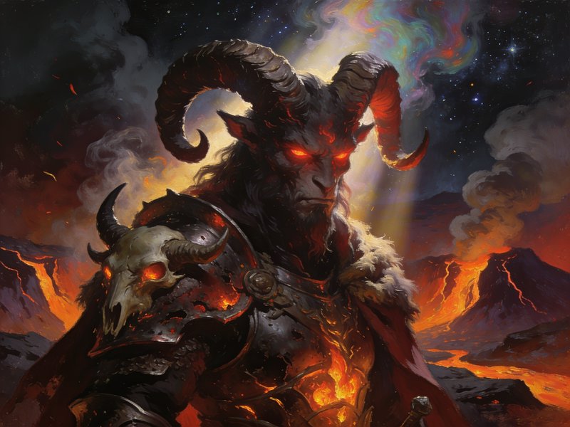 Ram-horned infernal knight with glowing red eyes stands against a fiery volcanic hellscape