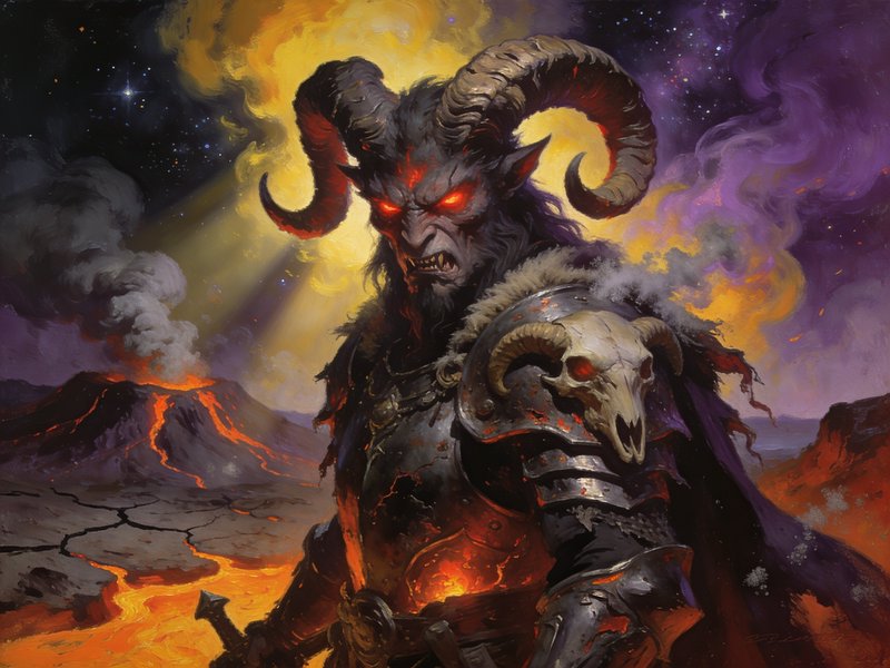 Horned demonic warlord with glowing red eyes stands over a fiery volcanic hellscape