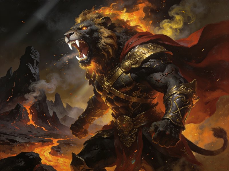 Roaring armored lion warrior with flaming mane stands in a fiery volcanic wasteland
