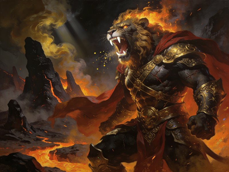 Roaring armored lion warrior with a flaming mane stands in a fiery volcanic hellscape