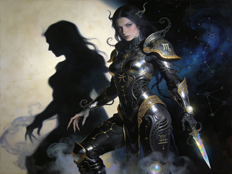 Stern horned fantasy zodiac warrior in ornate armor holds a glowing iridescent dagger beside her ...