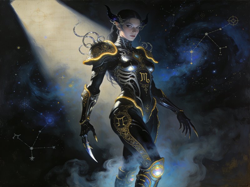 Armored elven Scorpio zodiac fantasy woman stands against a swirling starry cosmic constellation ...