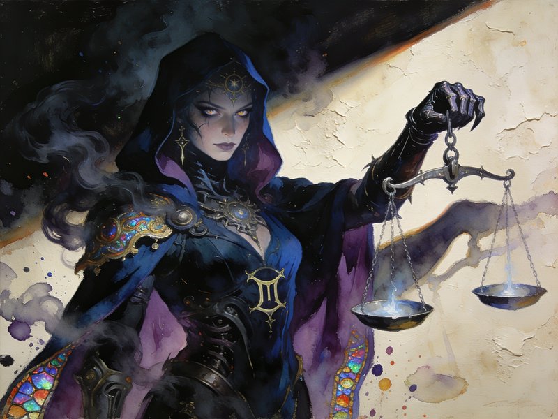 Hooded dark fantasy female adjudicator holds a glowing balance scale with piercing golden eyes
