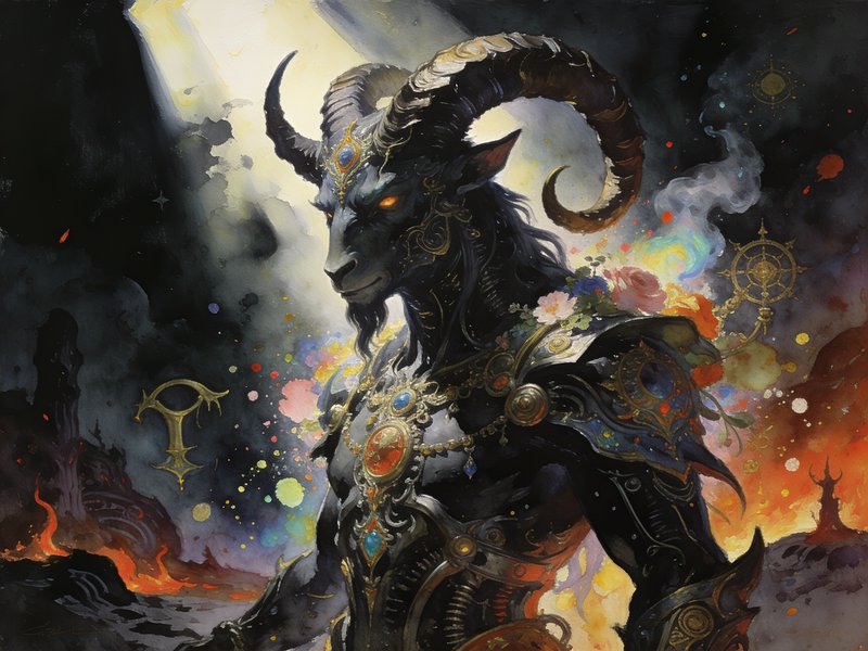 Ornate armored horned caprine fantasy entity with glowing eyes stands in a surreal cosmic dark fantasy scene