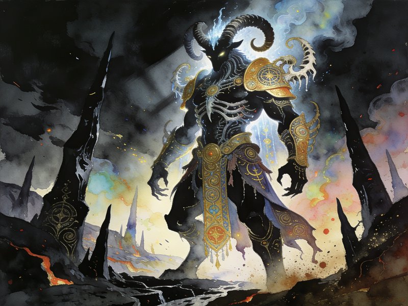 Towering ram-horned dark demon deity in ornate gilded armor stands in a jagged hellish wasteland
