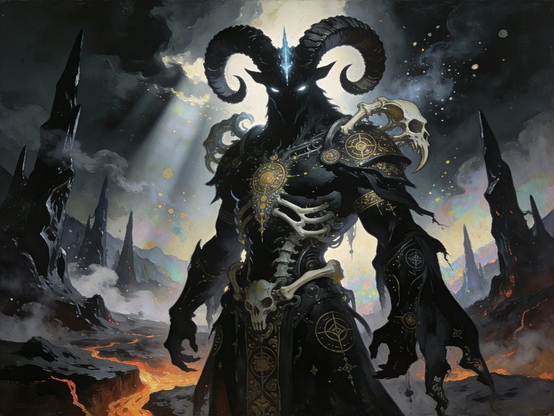 Towering ram-horned dark demon with bone accents stands in a jagged fiery underworld wasteland