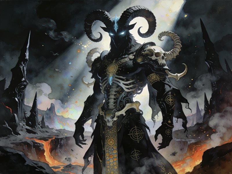 Horned skeletal demon lich stands imposing in a smoldering hellish volcanic wasteland