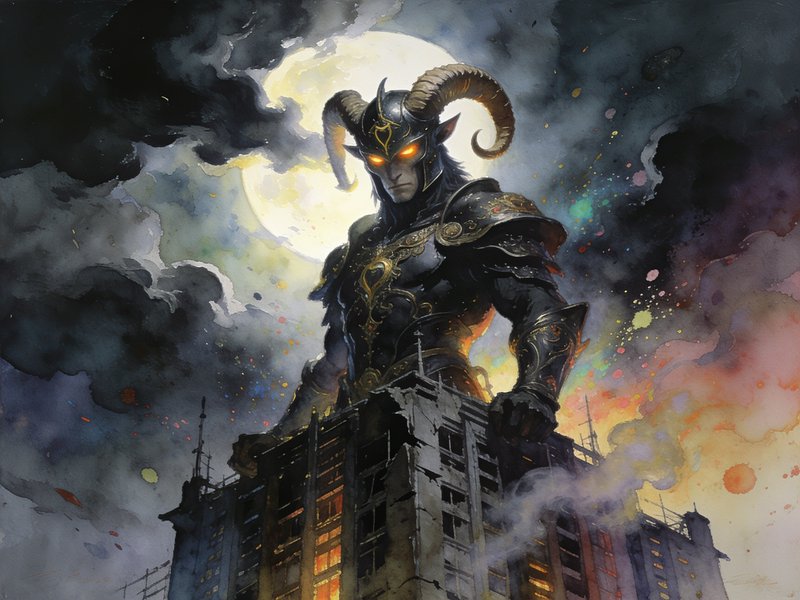 Horned armored demonic giant looms over a ruined skyscraper beneath a glowing full moon