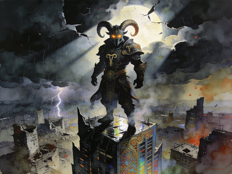 Horned armored fantasy warrior stands atop a skyscraper overlooking a ruined storm-lashed apocalyptic city under a full moon