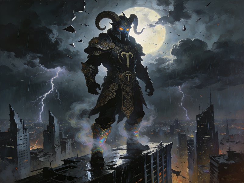 Horned armored fantasy warrior stands atop a ruined skyscraper under a stormy full moon sky