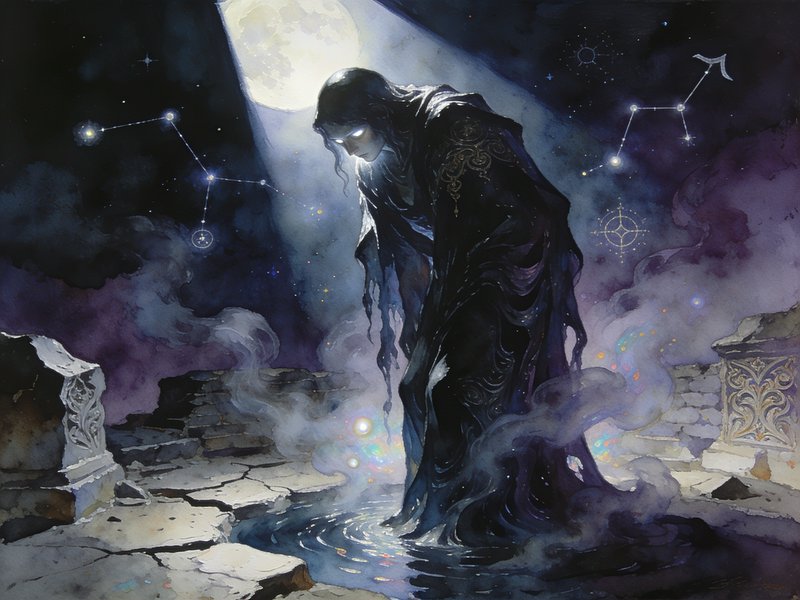 Glowing-eyed dark robed sorcerer stands in moonlit ancient ruins beneath floating star constellations
