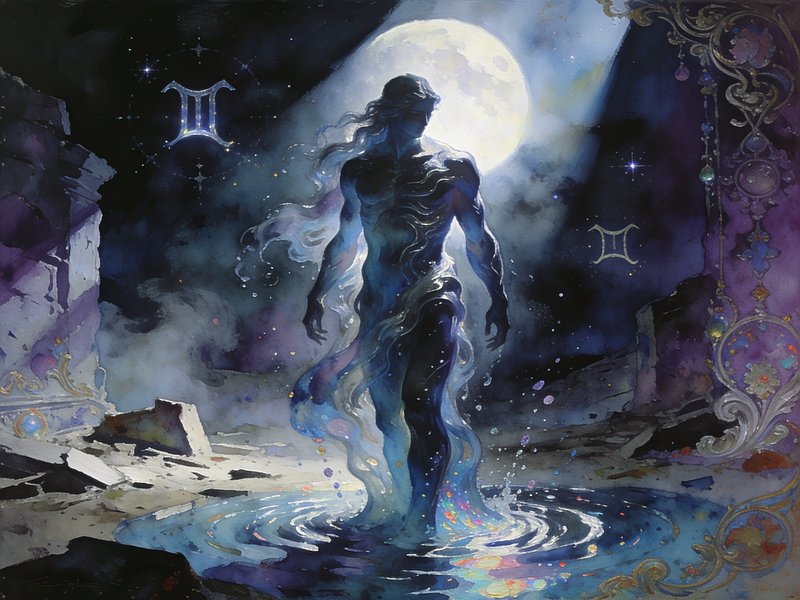 Ethereal water elemental Gemini zodiac figure standing in rippling pool under a glowing full moon