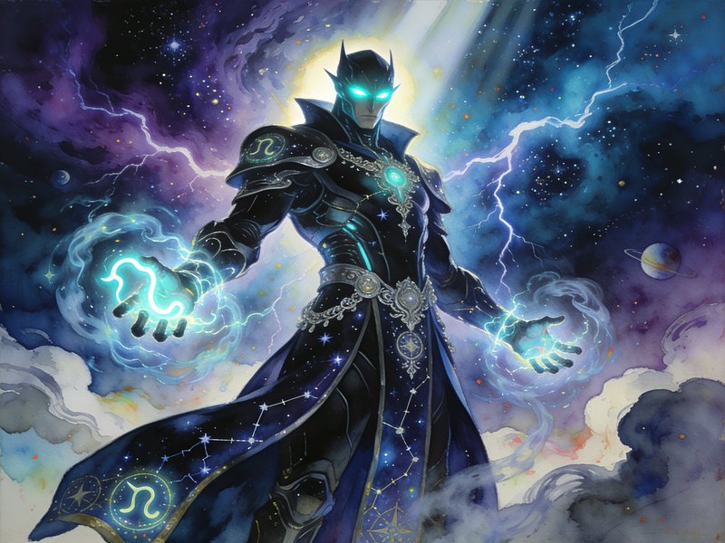 Armored cosmic astromancer conjures glowing arcane magic against a swirling star-filled outer space backdrop