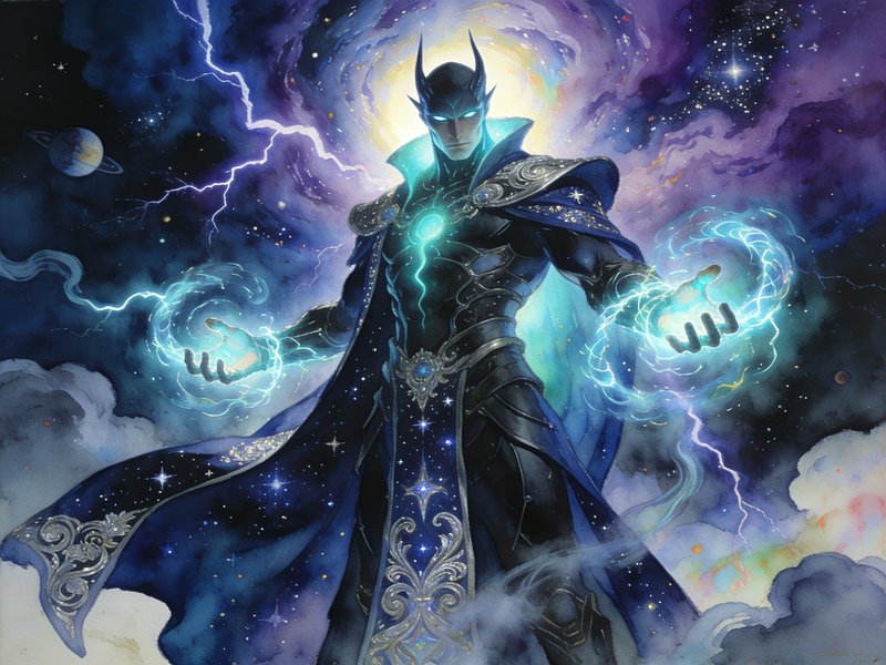 Armored cosmic sorcerer conjures lightning magic against a swirling starry nebula backdrop