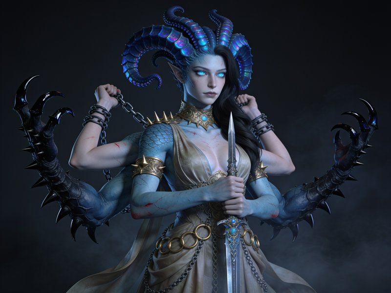 Blue skinned multi-limbed fantasy demon queen with glowing eyes holding a sword and chains agains...