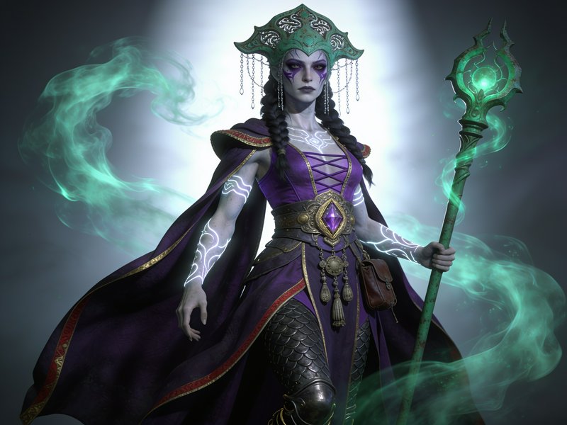 Pale elven sorceress holds a glowing green staff wreathed in swirling ethereal magic.