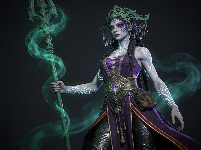 Powerful underworld sorceress holding a trident wreathed in swirling green magical smoke