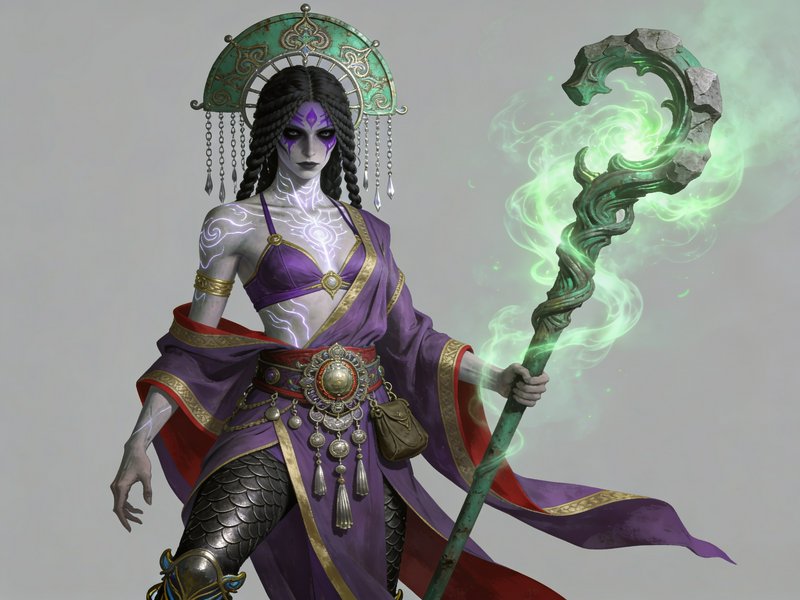 Fantasy sorceress with glowing runes holds a green magical staff against a plain grey background