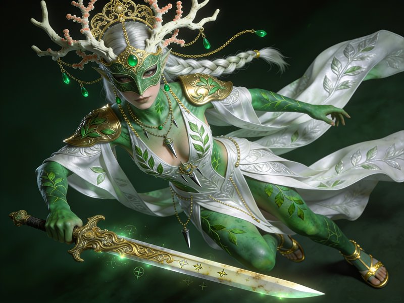 Fantasy elven dryad warrior with antler crown grips a glowing ornate enchanted sword in a battle-...