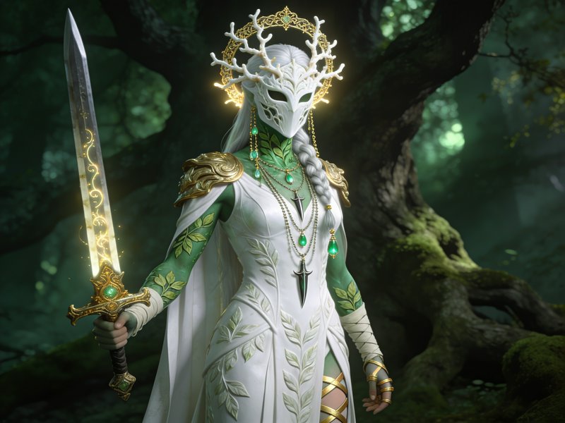 Masked antlered forest goddess holds a glowing enchanted sword in a misty ancient woodland