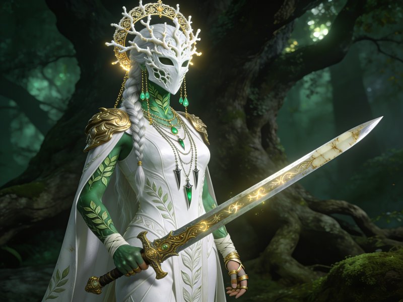 Masked fey forest guardian holds an enchanted glowing sword while standing in a misty ancient woo...