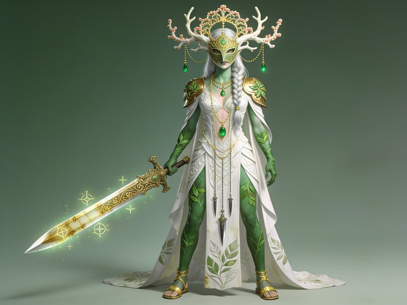 Masked nature elven queen with an antler crown holds a glowing enchanted greatsword on a soft gre...