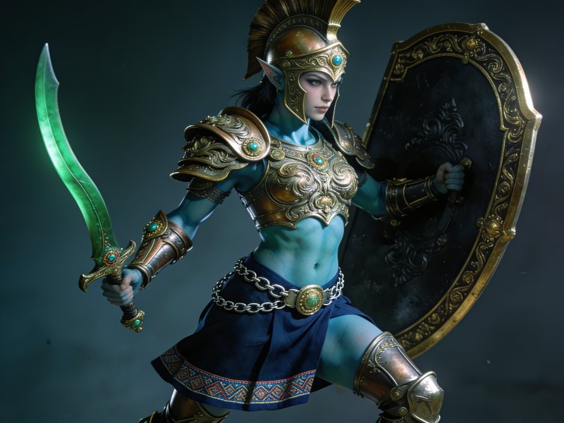 Blue skinned elven warrior holds a glowing green sword and ornate shield in a battle ready stance