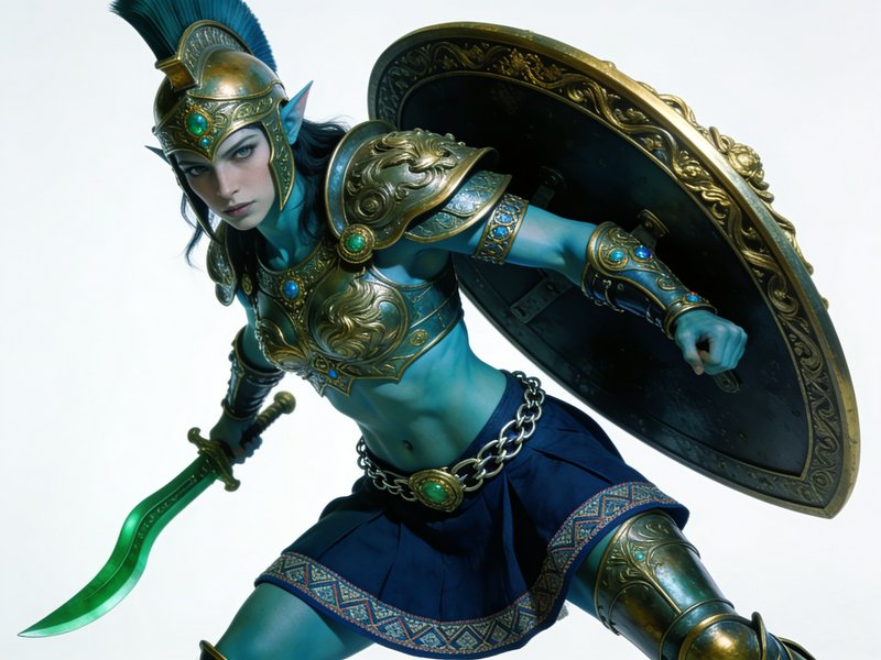 Blue skinned female elf warrior in ornate gold armor holds a sword and shield in battle stance