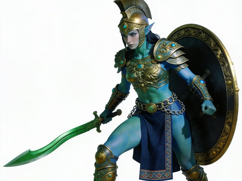 Blue skinned elven warrior in ornate golden armor holds a green sword and shield in a battle ready stance