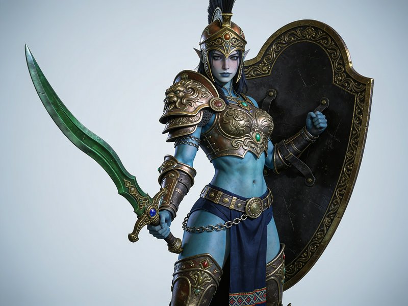 Blue skinned elven female warrior holds an ornate curved green sword and decorated battle shield