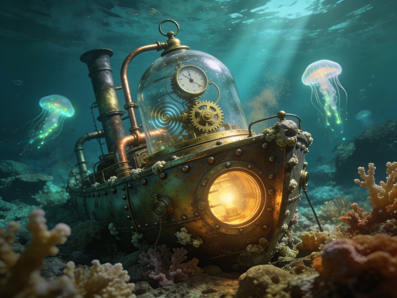Steampunk submarine rests on a coral seabed surrounded by glowing jellyfish in sunlit turquoise o...