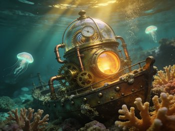 Ornate steampunk submersible rests on an underwater coral reef beside glowing jellyfish