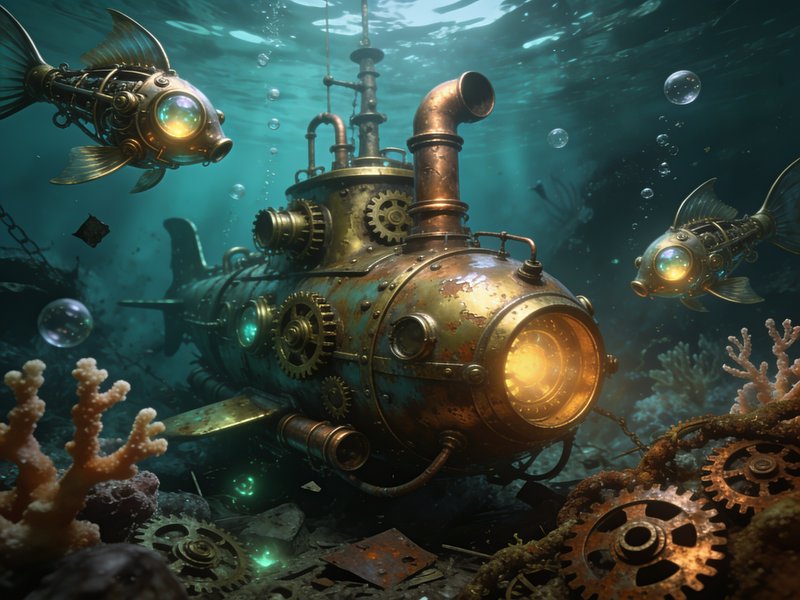 Steampunk submarine flanked by glowing mechanical fish rests on a sunken underwater ocean seabed
