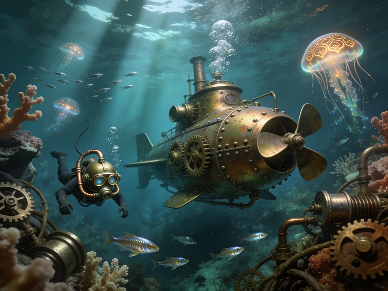 Steampunk deep sea diver swims beside a vintage brass submarine in a sunlit coral reef with glowi...