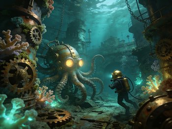 Vintage deep sea diver encounters a glowing mechanical steampunk octopus in sunken underwater ruins