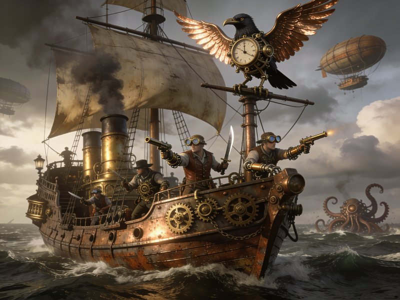 Steampunk galleon with mechanical raven figurehead sails choppy seas, crew firing at a rising clo...