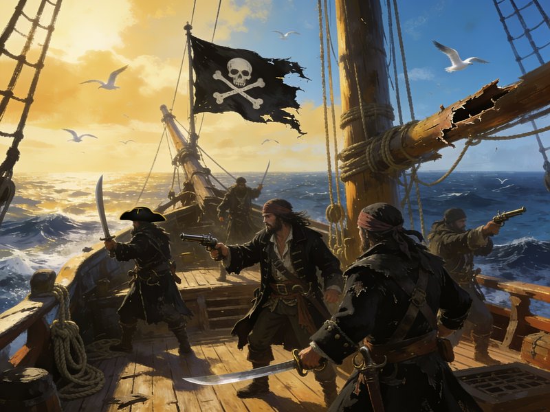 Armed pirate crew stand ready for battle on the deck of a galleon flying a tattered Jolly Roger o...