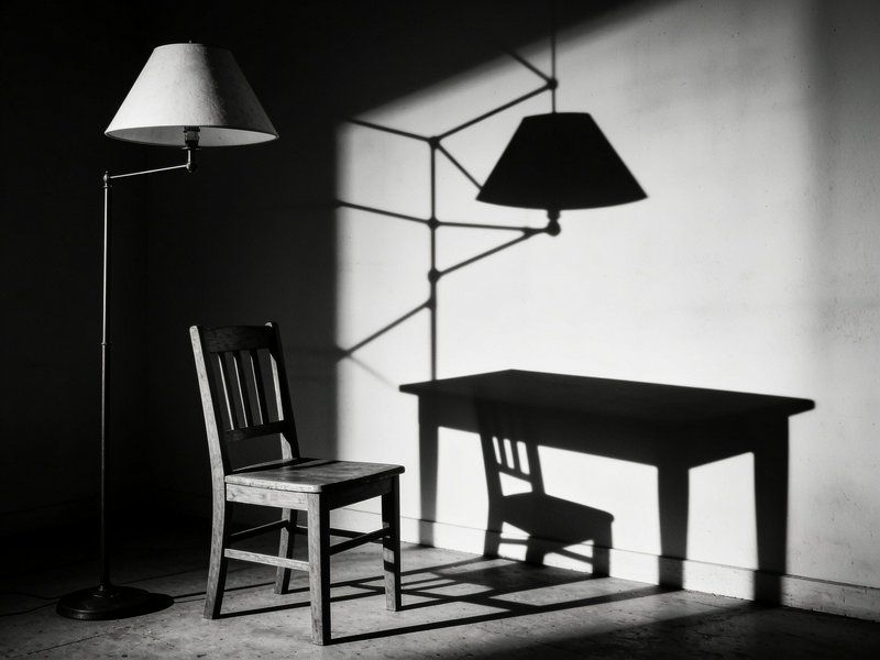 Wooden chair and floor lamp cast sharp matching geometric shadows on a plain empty room wall