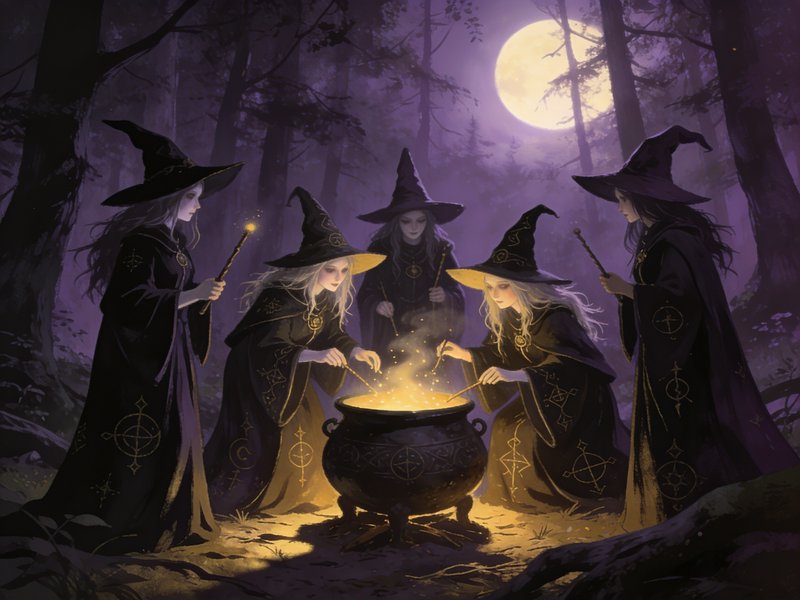 Coven of five witches stir a glowing cauldron beneath a full moon in a misty purple forest