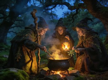 Three robed hooded witches brewing a steaming potion in a cauldron around a campfire in a misty t...