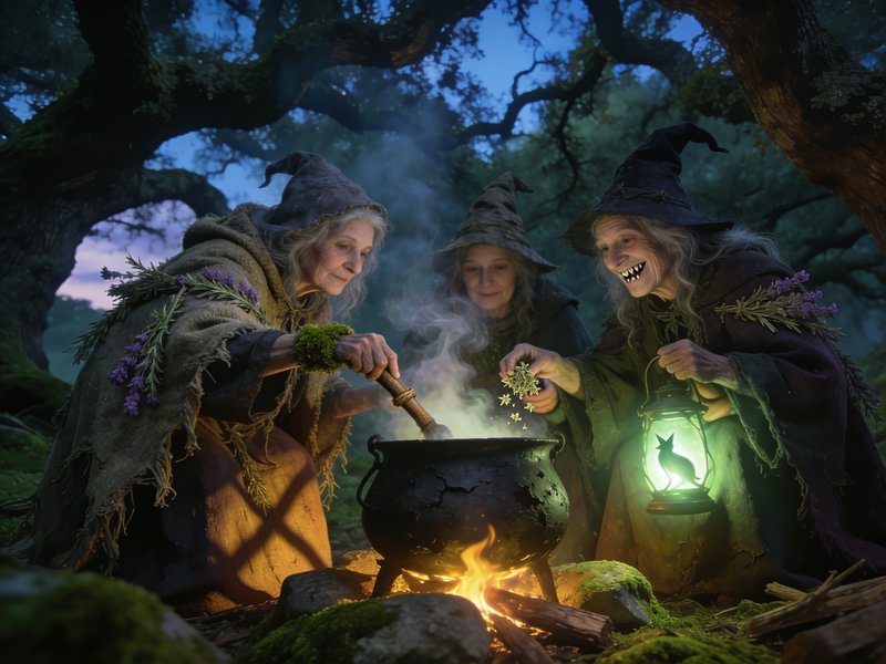 Three elderly coven witches brewing a potion in a steaming cauldron over a forest campfire at dusk