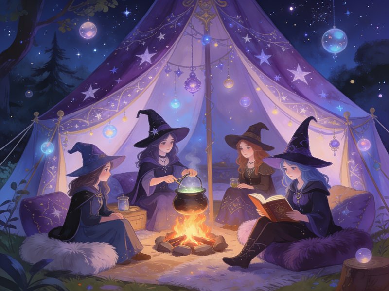 Four young witches gather around a campfire inside a starry enchanted tent in a night forest